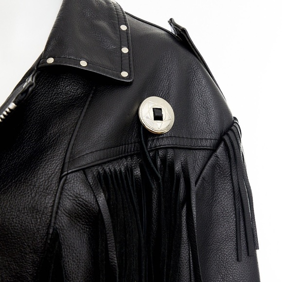 Black leather fringed jacket / XL - Picture 8 of 10